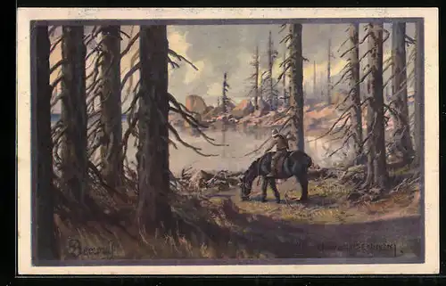 Künstler-AK Franz Jung-Ilsenheim: Reiter an einem Waldstück