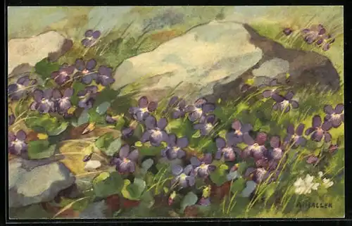 Künstler-AK Anna Haller: Veilchen an einem Stein