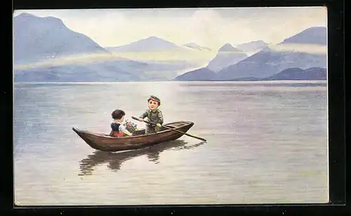 Künstler-AK Ad. Hoffmann unsign.: Kleiner Soldat im Ruderboot mit einer Dame
