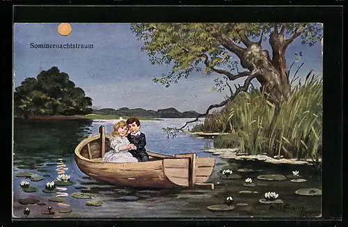 Künstler-AK Ad. Hoffmann: Sommernachtsraum, romantische Kanufahrt eines Kinderpaares