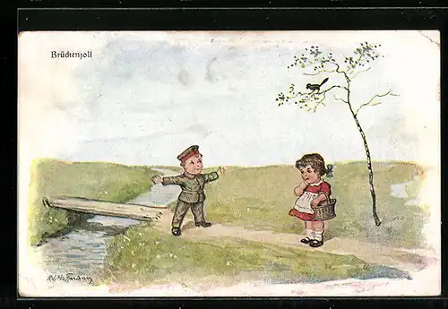 Künstler-AK Ad. Hoffmann: Kleiner Soldat versperrt Mädchen den Weg