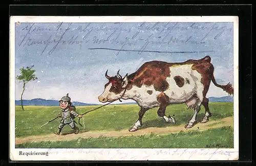 Künstler-AK Ad. Hoffmann: Requirierung, Kleiner Soldat mit einer Kuh