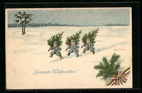 Künstler-AK Ad. Hoffmann: Kleine Soldaten mit Weihnachtsbäumen