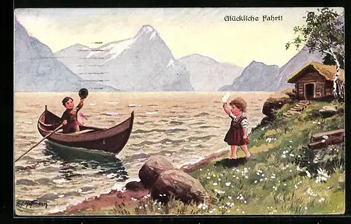Künstler-AK Ad. Hoffmann: Junge im Ruderboot winkt einer Dame