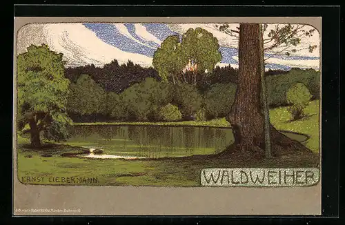 Künstler-AK Ernst Liebermann: Waldweiher mit Bäumen