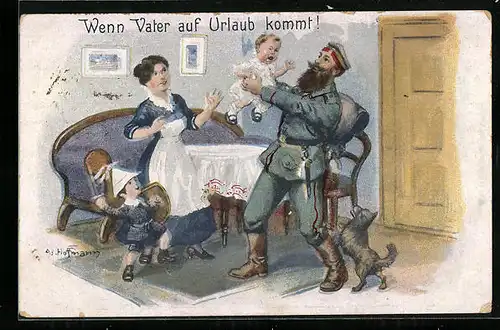 Künstler-AK Ad. Hoffmann: Vater in Uniform auf Heimaturlaub mit seiner Familie