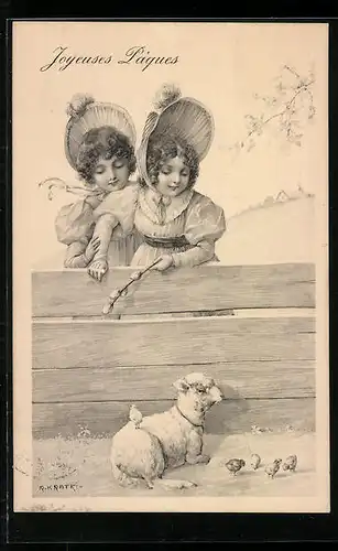 Künstler-AK R. Kratky: Zwei Fräuleins am Zaun bei einem Lamm, Ostergruss