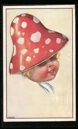 Künstler-AK Kriwub: Junge mit einem Fliegenpilzhut