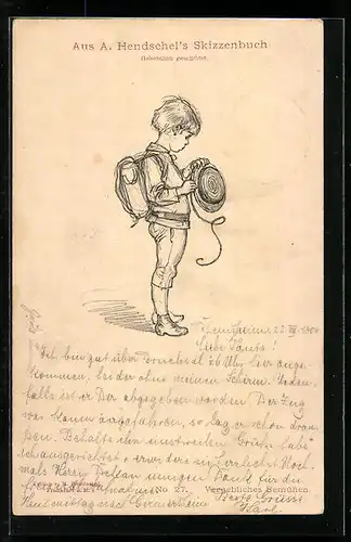 Künstler-AK Albert Hendschel: Kleiner Junge mit Schulranzen