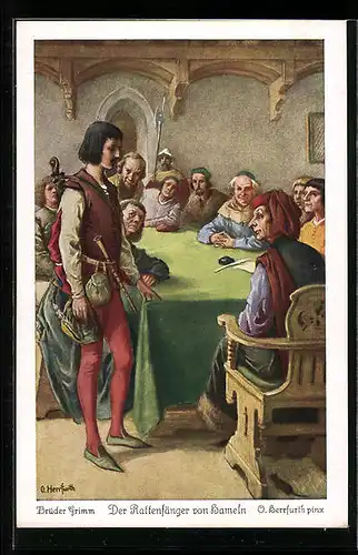 Künstler-AK Oskar Herrfurth: Brüder Grimm, Der Rattenfänger von Hameln, Märchen