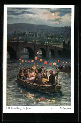 Künstler-AK Oskar Herrfurth: Alt-Heidelberg, Studenten in Booten vor Brücke bei Mondschein