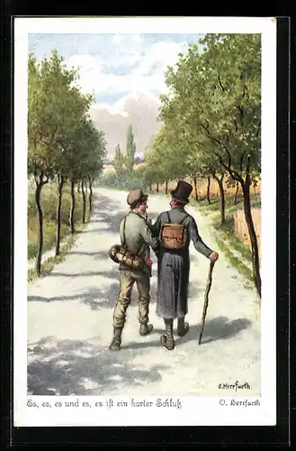 Künstler-AK Oskar Herrfurth: Zwei Wanderer auf einer Landstrasse