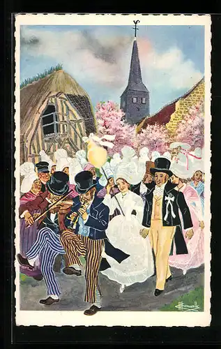 Künstler-AK Charles Homualk: En Parcourant la Normandie..., Une Noce, Brautzug