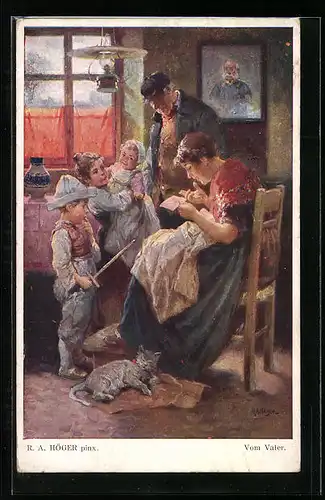 Künstler-AK Rudolf Alfred Höger: Mutter liest Kindern einen Feldpostbrief vom Vater vor