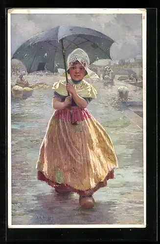 Künstler-AK Rudolf Alfred Höger: Niederländisches Mädchen mit Regenschirm
