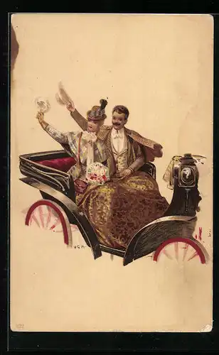 Künstler-AK Richard Hegedüs-Geiger: Paar in Kutsche winkt zum Abschied