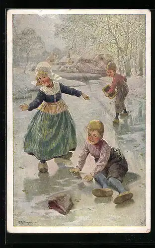 Künstler-AK Rudolf Alfred Höger: Holländische Kinder spielen auf dem zugefrorenen Kanal