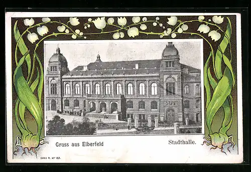 AK Elberfeld, Blick auf Stadthalle, Pflanzenmotiv