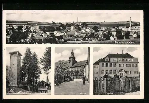 AK Stammbach /Obfr., Ortsansicht aus der Vogelschau, Weissensteinturm, Kirche, Schule