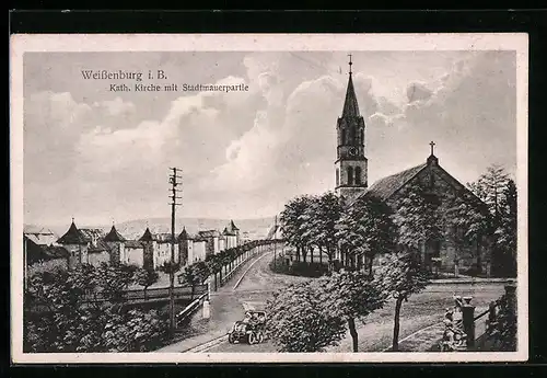 AK Weissenburg i. B., Kath. Kirche mit Stadtmauerpartie