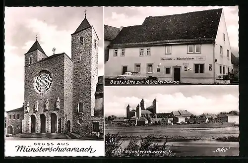 AK Münsterschwarzach, Ortsansicht, Abtei, Gaststätte zur Münsterklause, Inh. K. Wehner