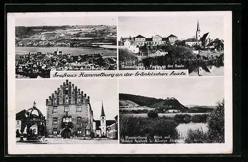 AK Hammelburg /Saale, Ortsansicht aus der Vogelschau, Saalepartie, Rathaus mit Marktbrunnen, Schloss Saaleck