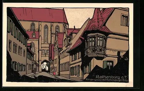 Steindruck-AK Rothenburg o. T., Strasse Klingengasse mit Rothenburger Erker