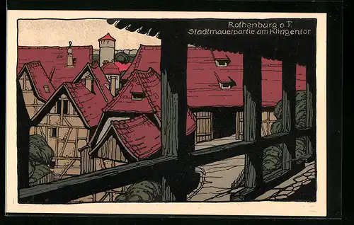 Steindruck-AK Rothenburg o. T., Stadtmauerpartie am Klingentor