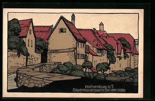 Steindruck-AK Rothenburg o. T., Stadtmauerpartie bei der Hölle