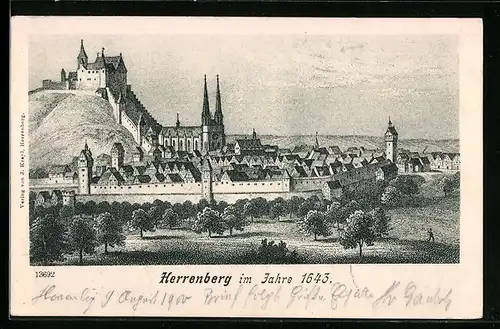 Lithographie Herrenberg, Teilansicht mit Kirche 1643