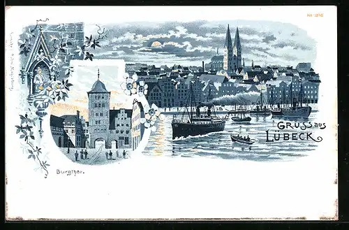 Mondschein-Lithographie Lübeck, Teilansicht mit Schiffen, Burgthor