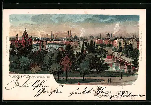 Lithographie München, Ortsansicht vom Maximilianeum aus