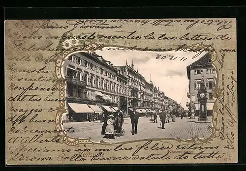 Passepartout-AK Karlsruhe, Kaiserstrasse mit Passanten