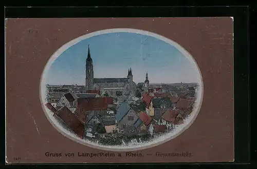 Passepartout-AK Lampertheim /Rh., Totalansicht mit Kirche