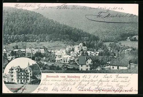 AK Herrenalb, Ortsansicht vom Maienberg, Hotel Post