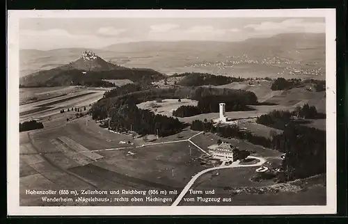 AK Hechingen, Teilansicht mit Wanderheim Nägelehaus, Hohenzoller und Zellerhorn, Fliegeraufnahme