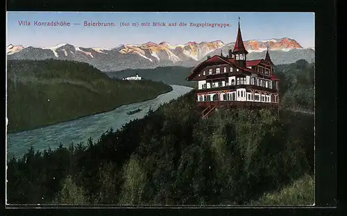 AK Baierbrunn, Hotel Villa Konradshöhe mit Blick auf die Zugspitzgruppe
