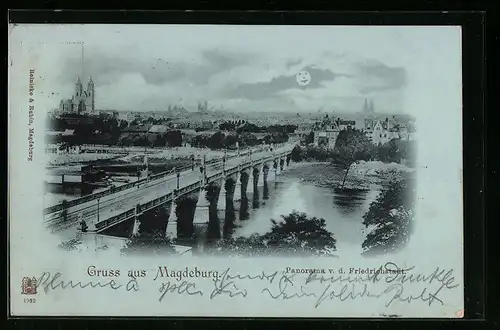Mondschein-AK Magdeburg, Panorama von der Friedrichstadt mit Brücke