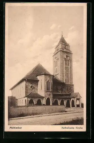 AK Mühlacker, Strassenpartie mit Kath. Kirche