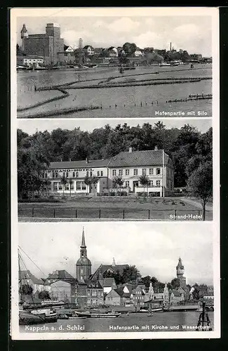 AK Kappeln a. d. Schlei, Hafenpartie, Strand-Hotel, Kirche und Wasserturm