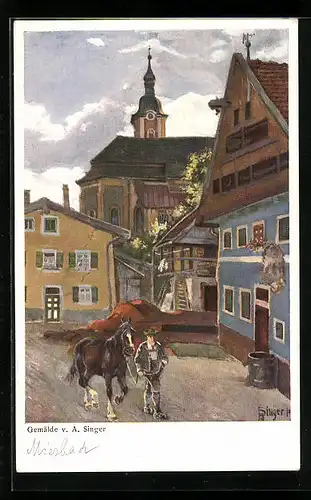 Künstler-AK Miesbach, Blick in die Ledererstrasse, Mann mit Pferd