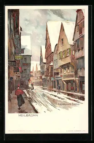Lithographie Heilbronn, Kirchbrunnen-Strasse mit Geschäften