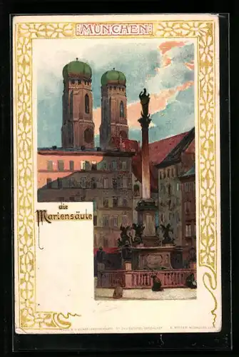 Lithographie München, Frauenkirche und Mariensäule
