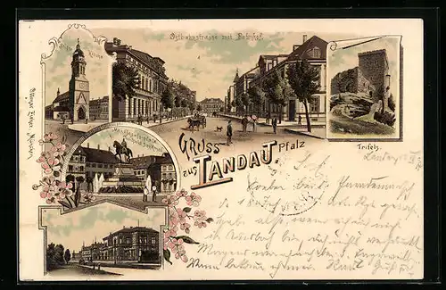 Lithographie Landau / Pfalz, Ostbahnstrasse mit Bahnhof, Trifels, Max-Josefs-Platz mit Luitpold-Denkmal