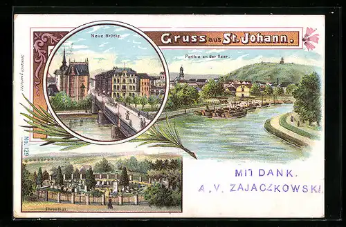 Lithographie Sankt Johann, Partie an der Saar, Neue Brücke, Ehrental