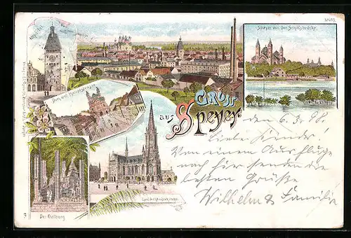 Lithographie Speyer, Dom und Hauptstrasse, Gedächtniskirche, Oelberg, Blick von der Schiffsbrücke