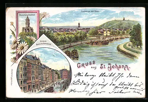 Lithographie St. Johann, Partie an der Saar, Winterberg-Denkmal, Untere Bahnhofstrasse