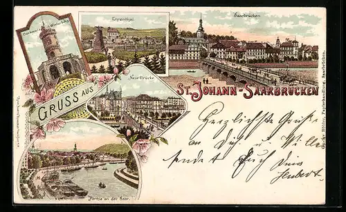 Lithographie St. Johann-Saarbrücken, Ehrental, Neue Brücke, Partie an der Saar, Denkmal auf dem Winterberg
