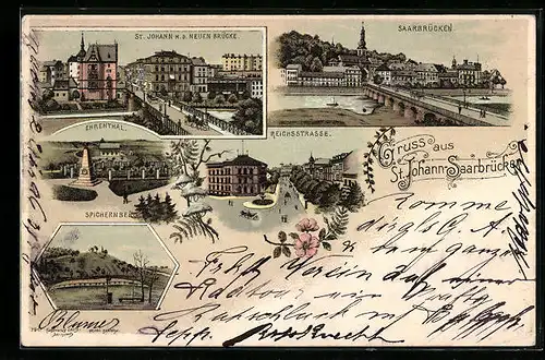 Lithographie St. Johann-Saarbrücken, Ortsansicht mit neuer Brücke, Reichsstrasse, Ehrental und Spichernberg