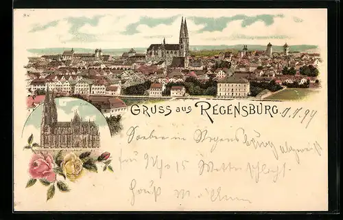 Lithographie Regensburg, Panorama und Dom